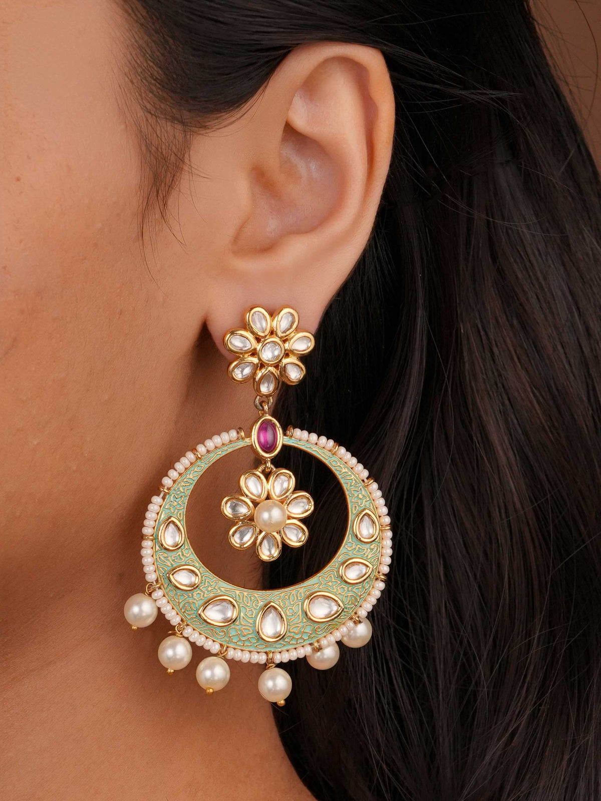 Siya Orra mint green meenakari kundan chandbali earrings with pearl drops by SITA JEWELRY