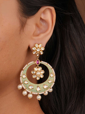 Siya Orra mint green meenakari kundan chandbali earrings with pearl drops by SITA JEWELRY