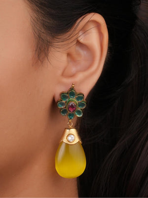Siya Orra | Elegant Floral Green and Yellow Teardrop Drop Earrings - Fashion Earrings for Women