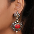 Siya Orra | Vintage Regal Red Oval Stone Earrings with Pearl Drop - Fashion Earrings for Women