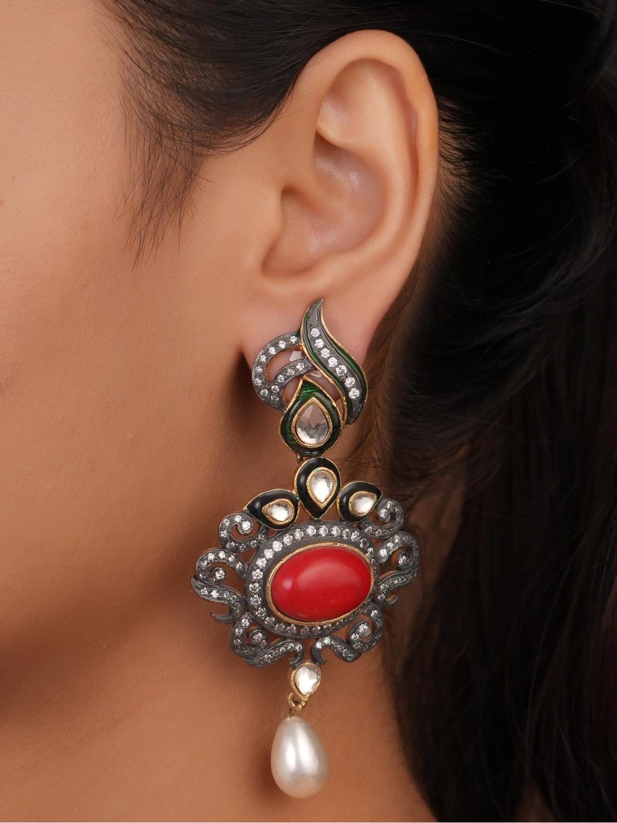 Siya Orra | Vintage Regal Red Oval Stone Earrings with Pearl Drop - Fashion Earrings for Women