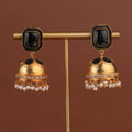 SITA JEWELRY Siya Orra black gold jhumka earrings with crystal band and pearl fringe - product view