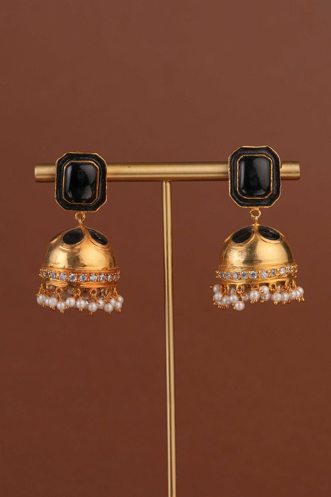 SITA JEWELRY Siya Orra black gold jhumka earrings with crystal band and pearl fringe - product view