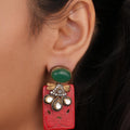 Siya Orra | Artisanal Carved Red Rectangular Drop Earrings with Green Accent - Fashion Earrings for Women