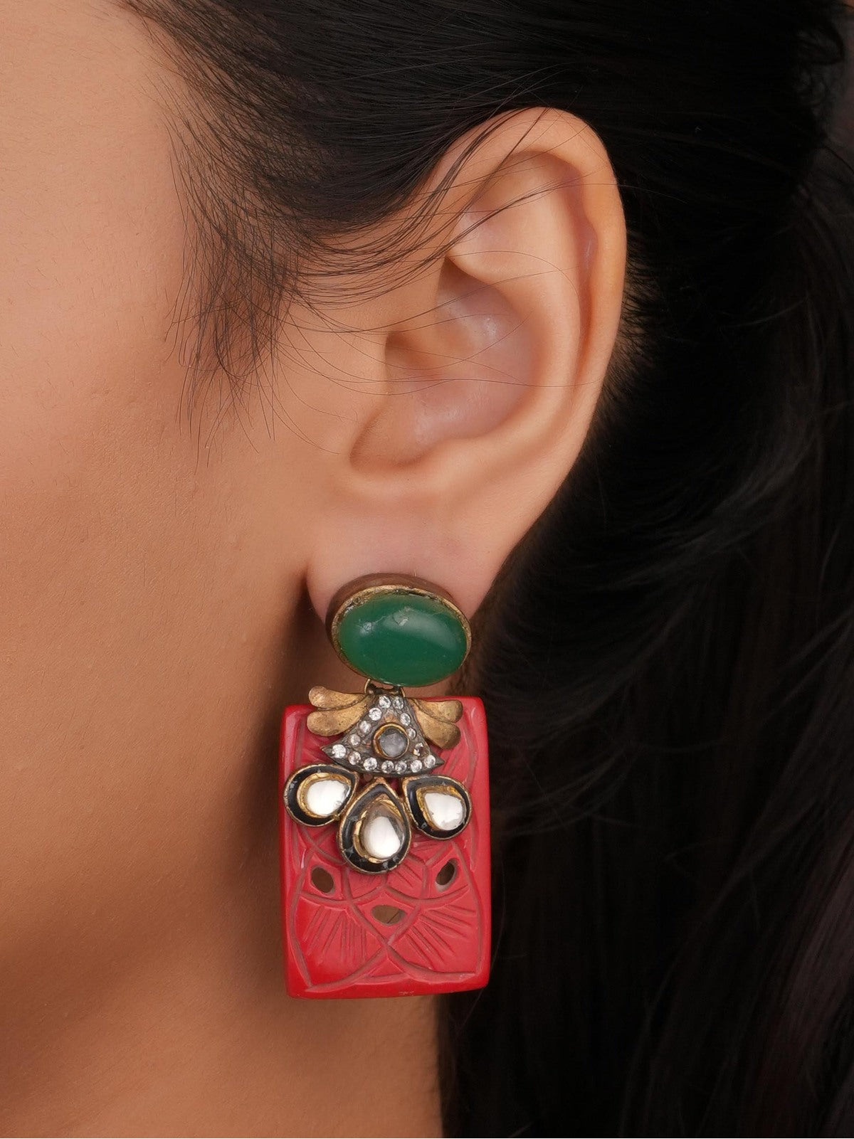 Siya Orra | Artisanal Carved Red Rectangular Drop Earrings with Green Accent - Fashion Earrings for Women