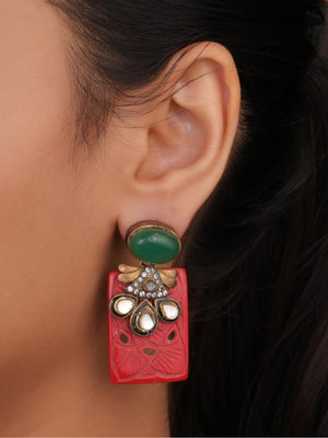 Siya Orra | Artisanal Carved Red Rectangular Drop Earrings with Green Accent - Fashion Earrings for Women