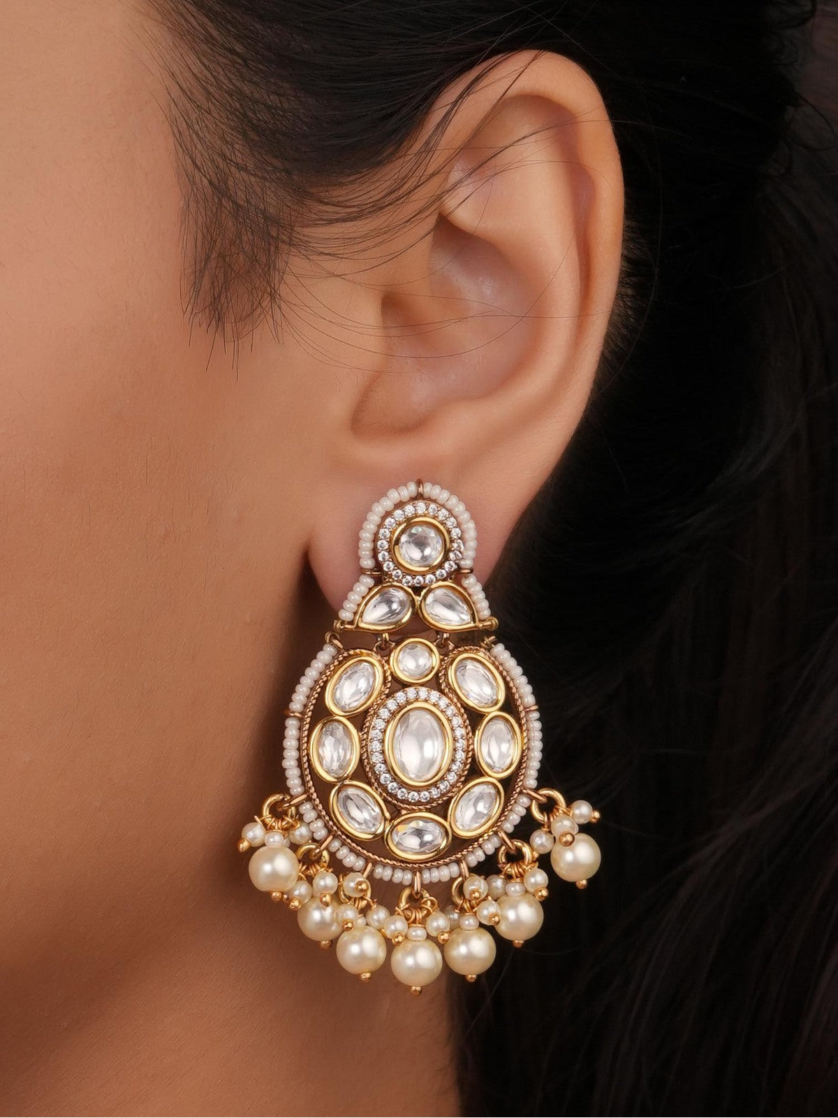 Siya Orra | Classic Polki Kundan Chandbali Earrings with Pearl Clusters - Fashion Earrings for Women