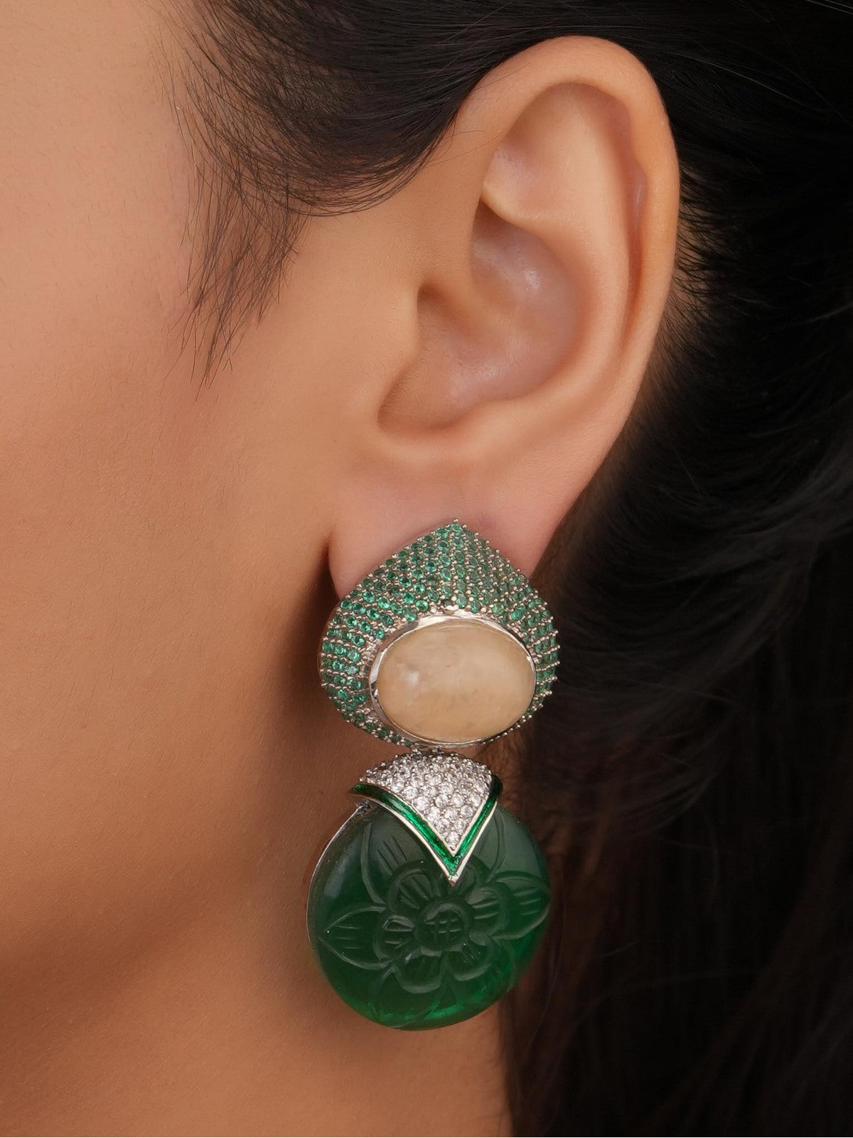 Siya Orra | Luxury Carved Green Floral Jade Drop Earrings - Fashion Earrings for Women