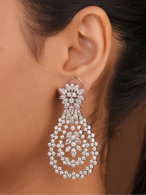 Siya Luxe | Elegant Silver Cubic Zirconia Marquise Chandelier Earrings - Fashion Earrings for Women