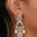 Siya Luxe | Regal CZ Chandelier Earrings with Yellow and Purple Crystals & Pearls - Fashion Earrings for Women