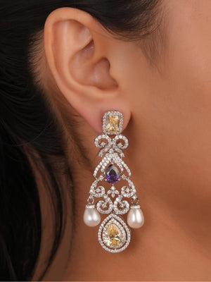 Siya Luxe | Regal CZ Chandelier Earrings with Yellow and Purple Crystals & Pearls - Fashion Earrings for Women