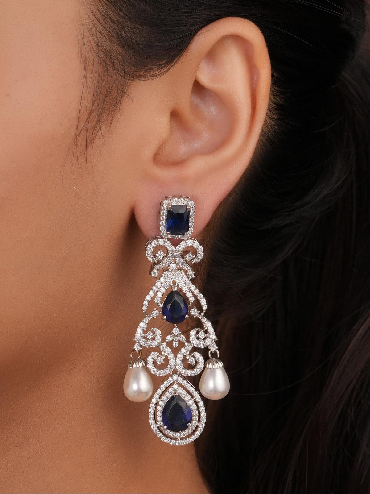 Siya Luxe | Royal Blue Crystal & CZ Chandelier Pearls Earrings - Fashion Earrings for Women