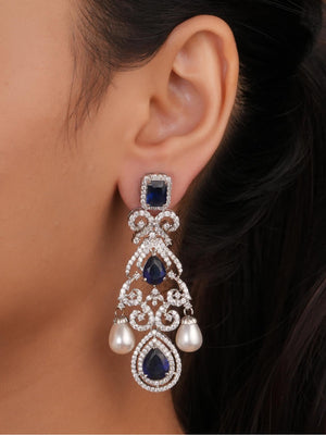 Siya Luxe | Royal Blue Crystal & CZ Chandelier Pearls Earrings - Fashion Earrings for Women