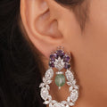 Siya Luxe | Amethyst Purple Floral CZ Open Hoop Earrings with Green Drop Bead - Fashion Earrings for Women