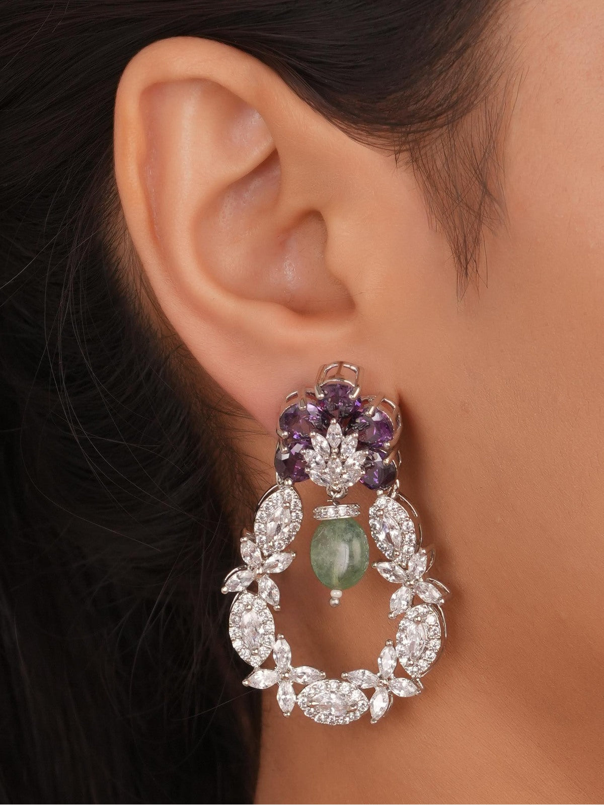 Siya Luxe | Amethyst Purple Floral CZ Open Hoop Earrings with Green Drop Bead - Fashion Earrings for Women