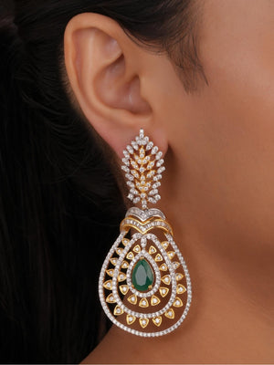 Siya Luxe | Emerald Teardrop Dual-Tone CZ Statement Earrings - Fashion Earrings for Women