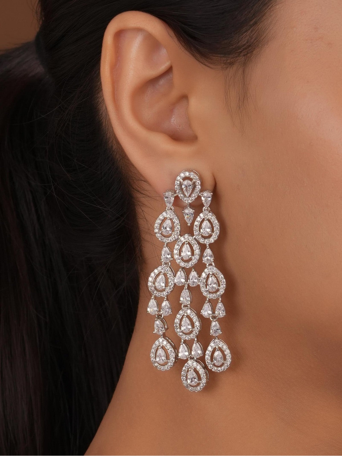 Siya Luxe | Clear CZ Tear-Drop Multi-Tier Chandelier Earrings - Fashion Earrings for Women