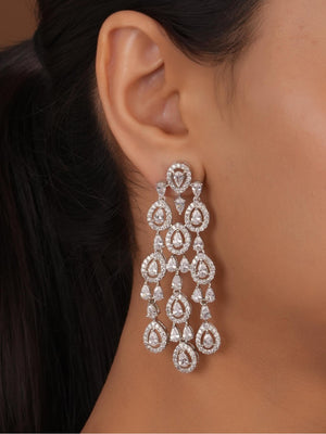 Siya Luxe | Clear CZ Tear-Drop Multi-Tier Chandelier Earrings - Fashion Earrings for Women