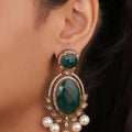 Siya Orra | Antique Gold Oval Green Stone & Pearl Earrings - Fashion Earrings for Women