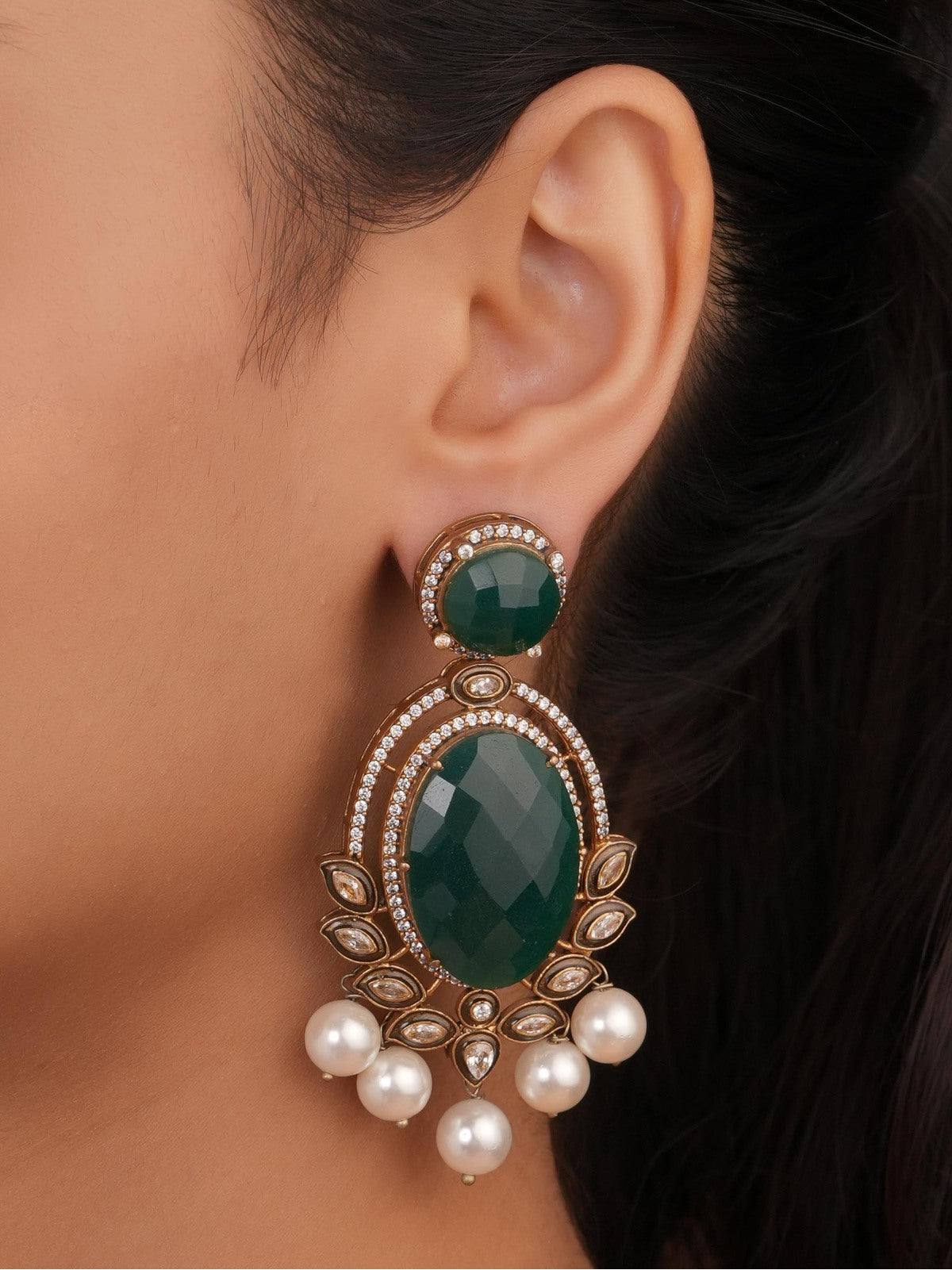 Siya Orra | Antique Gold Oval Green Stone & Pearl Earrings - Fashion Earrings for Women