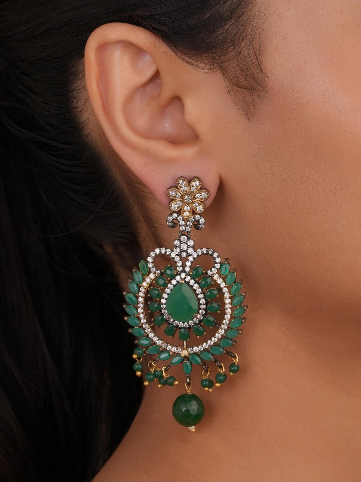 Siya Orra | Floral Stud Emerald Crescent Chandelier Earrings - Fashion Earrings for Women