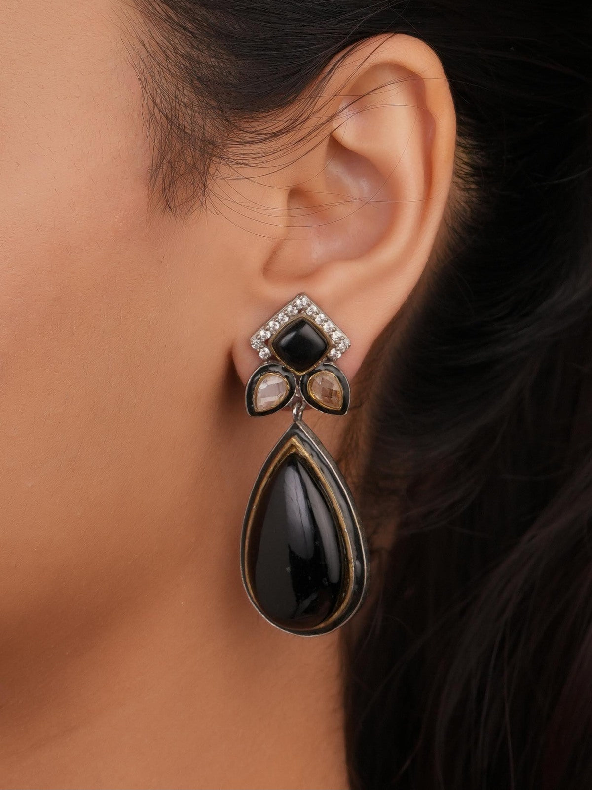 Siya Orra | Traditional Green Enamel and Black Stone Statement Earrings - Fashion Earrings for Women