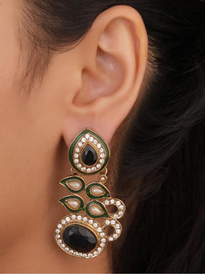 Siya Orra | Carved Green Leaf and Pink Enamel Chandelier Earrings - Fashion Earrings for Women
