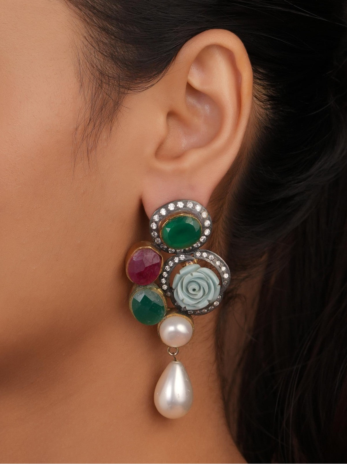 Siya Orra | Carved Rose and Multi-Gemstone Cluster Earrings - Fashion Earrings for Women