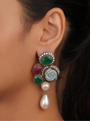 Siya Orra | Carved Rose and Multi-Gemstone Cluster Earrings - Fashion Earrings for Women