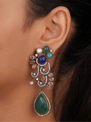 Siya Orra | Bohemian Multi-Stone Crystal Mosaic Drop Earrings - Fashion Earrings for Women