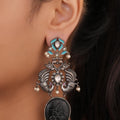 Siya Orra | Oxidized Silver Peacock Chandelier Earrings with Carved Onyx Drop - Fashion Earrings for Women