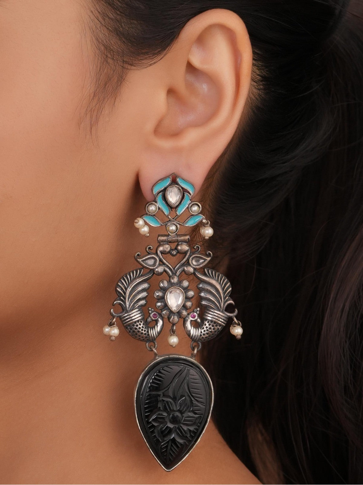 Siya Orra | Oxidized Silver Peacock Chandelier Earrings with Carved Onyx Drop - Fashion Earrings for Women