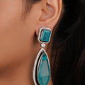 Siya Luxe | Ocean Teal Emerald-Cut Stud and Halo Teardrop Drop Earrings - Fashion Earrings for Women