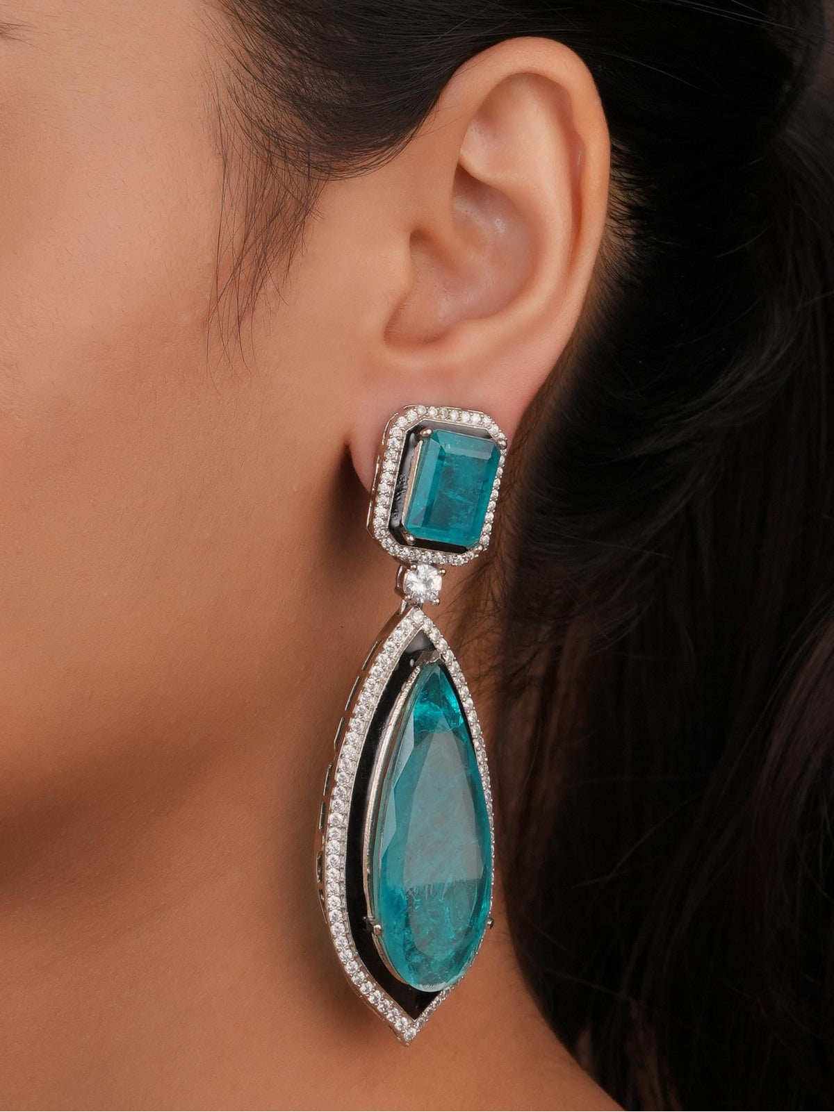 Siya Luxe | Ocean Teal Emerald-Cut Stud and Halo Teardrop Drop Earrings - Fashion Earrings for Women
