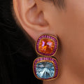 Siya Luxe | Dual-Tone Cushion Crystal Statement Earrings with Ruby Halo - Fashion Earrings for Women