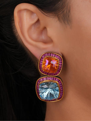 Siya Luxe | Dual-Tone Cushion Crystal Statement Earrings with Ruby Halo - Fashion Earrings for Women