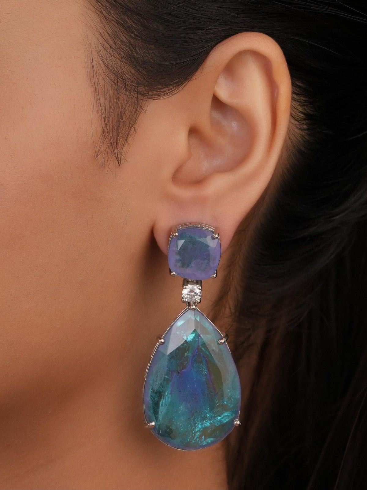 Siya Luxe | Lavender Cushion Stud and Sea-Blue Crystal Teardrop Earrings - Fashion Earrings for Women