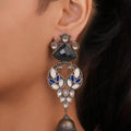Siya Orra | Oxidized Silver Blue Stone Kundan Jhumka Earrings - Fashion Earrings for Women