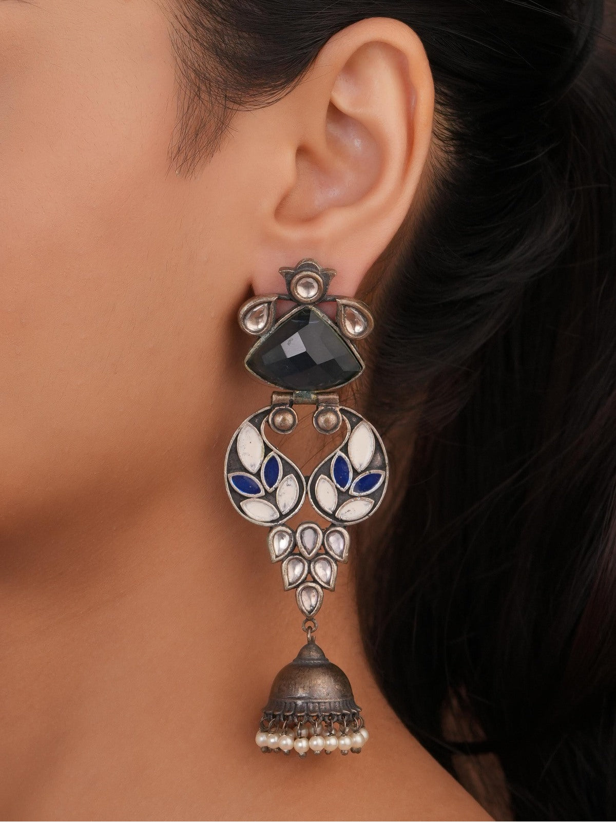 Siya Orra | Oxidized Silver Blue Stone Kundan Jhumka Earrings - Fashion Earrings for Women