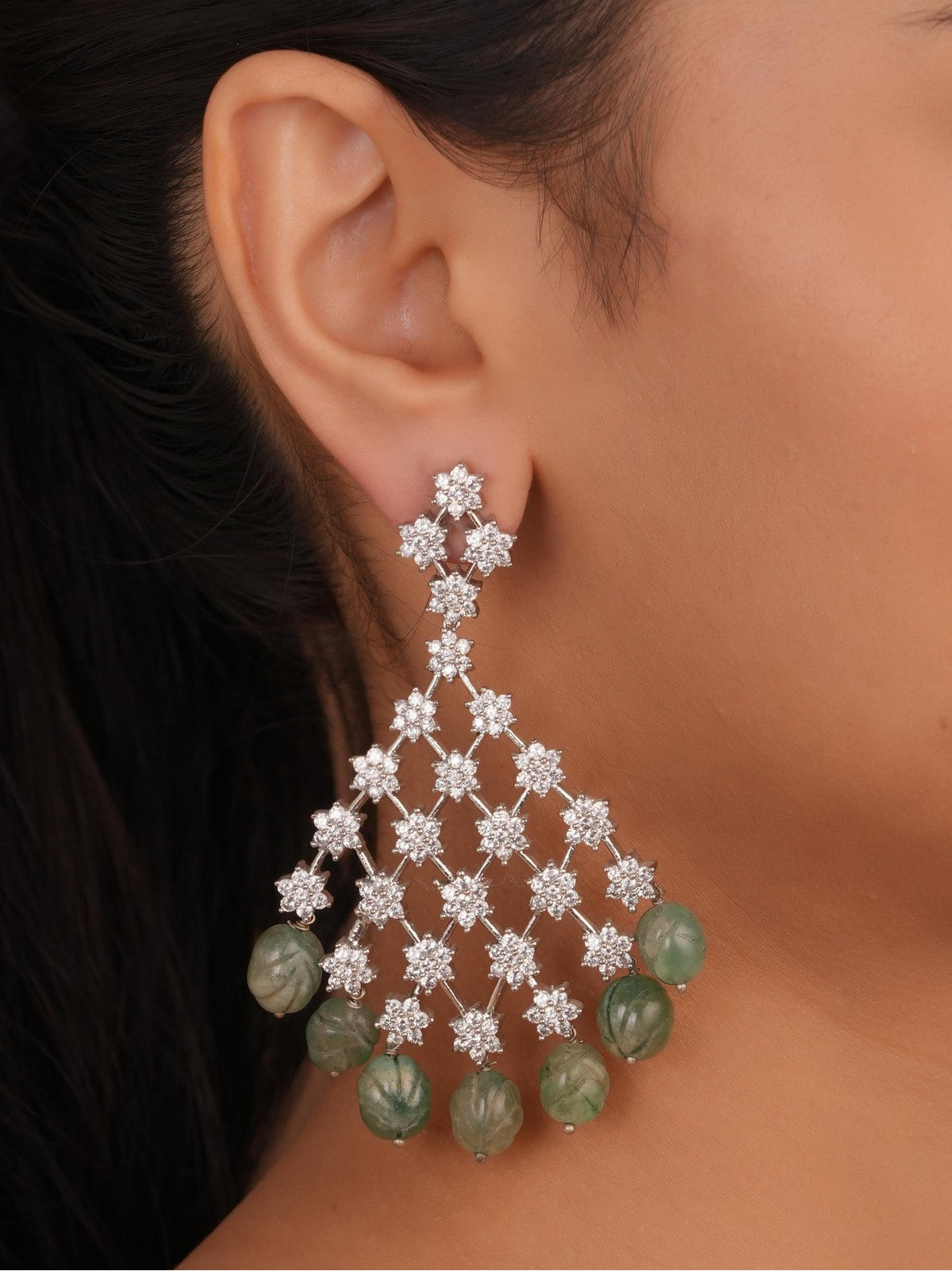 Siya Luxe | Silver Plated CZ Diamond Lattice Chandelier Earrings - Fashion Earrings for Women