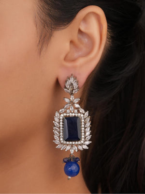Siya Luxe | Deep Blue Enamel & CZ Crescent Halo Statement Studs - Fashion Earrings for Women