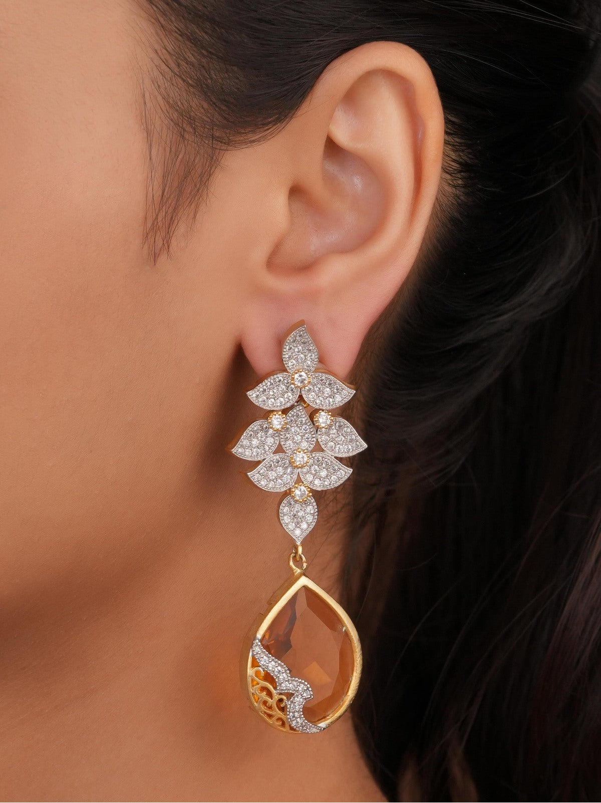 Siya Luxe |Marquise CZ Cluster Leaf Amber Teardrop Earrings - Fashion Earrings for Women