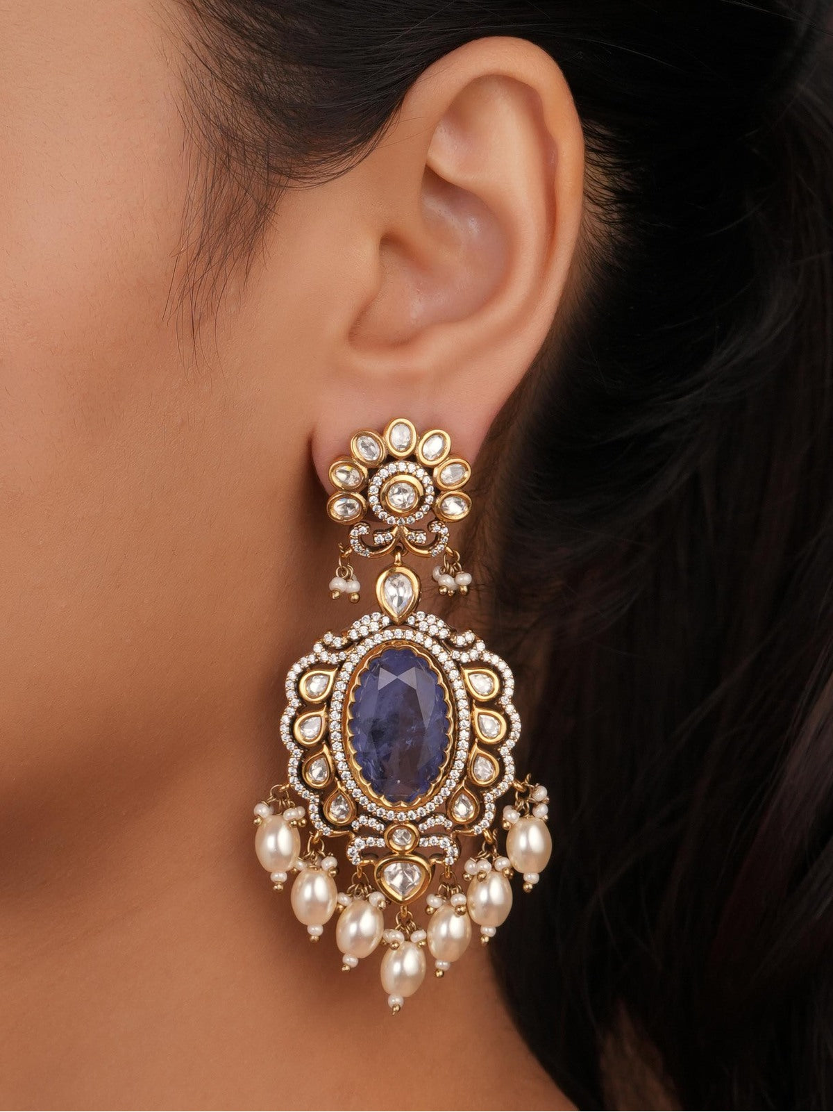 Siya Orra | Antique Gold Oval Tanzanite & Kundan Heritage Drop Earrings - Fashion Earrings for Women