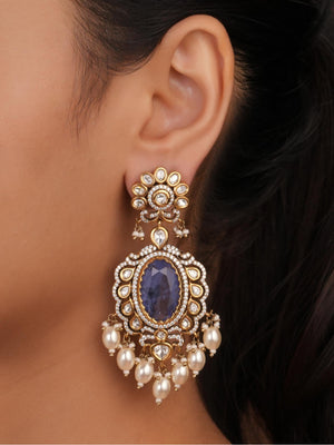 Siya Orra | Antique Gold Oval Tanzanite & Kundan Heritage Drop Earrings - Fashion Earrings for Women