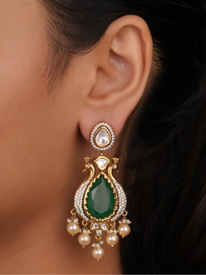 Siya Orra | Traditional Peacock Kundan Earrings with Green Stone - Fashion Earrings for Women