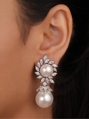 Siya Luxe | Elegant CZ Cluster Pearl Drop Earrings - Fashion Earrings for Women