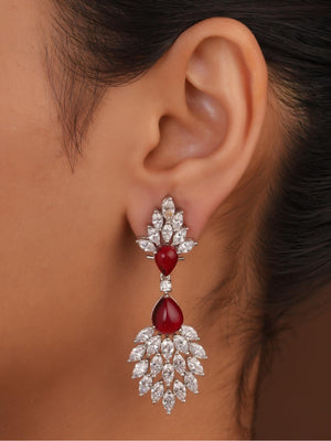 Siya Luxe | Marquise CZ Statement Drop Earrings with Ruby Red Cabochon - Fashion Earrings for Women