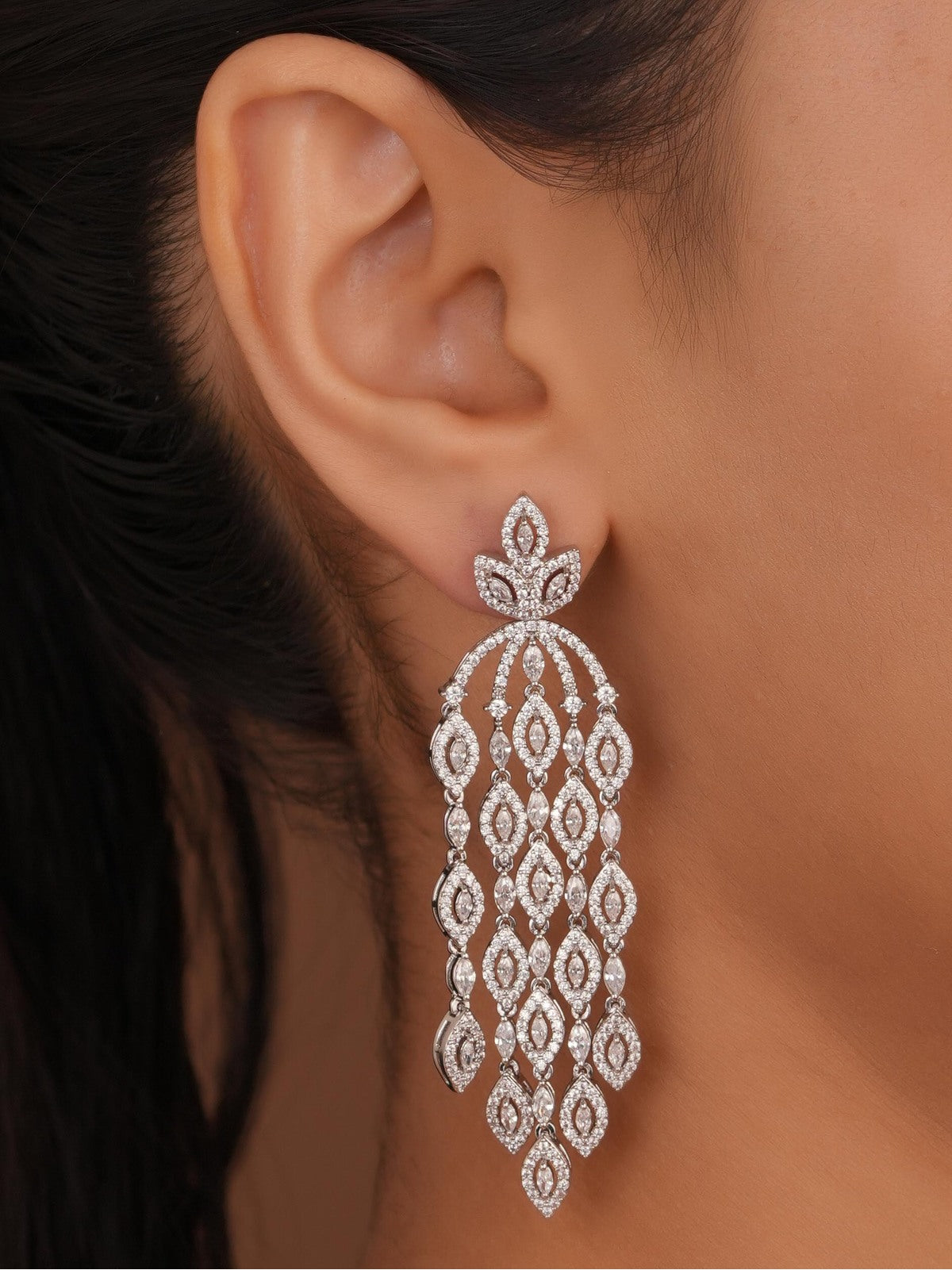 Siya Luxe | Geometric Marquise Fringe CZ Statement Earrings - Fashion Earrings for Women