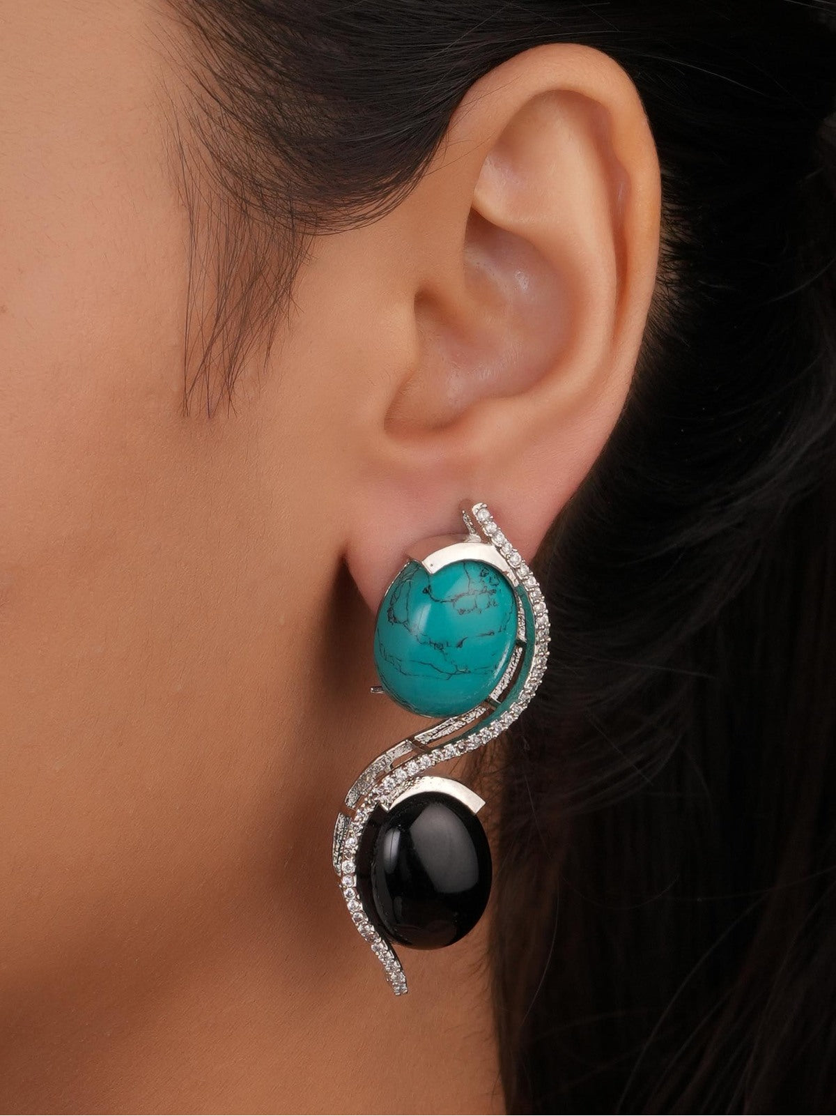 Siya Luxe | Dual-Tone S-Curve Turquoise and Black Onyx Earrings - Fashion Earrings for Women