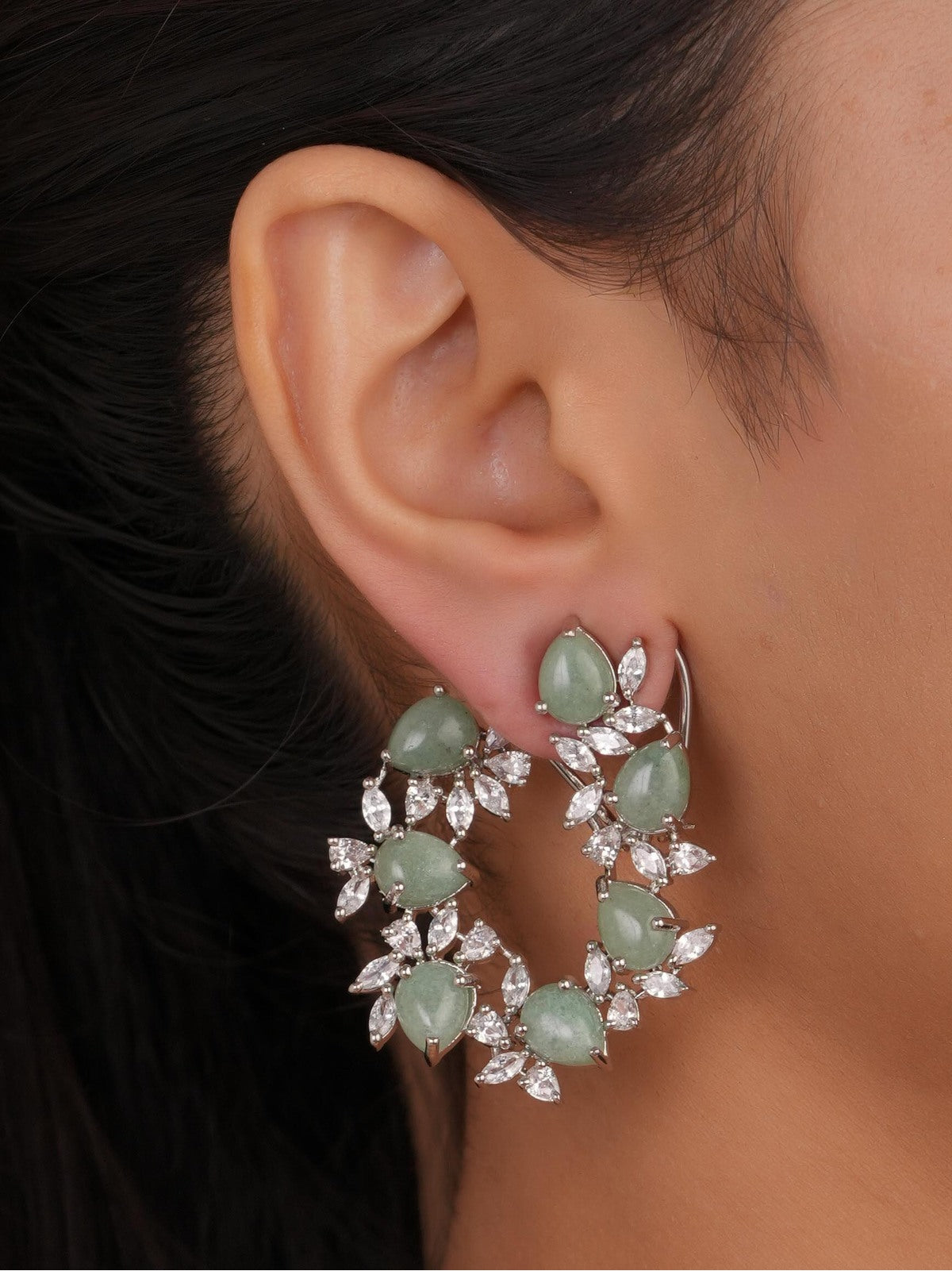 Siya Luxe | Mint Green Pear Stone CZ Cluster Hoop Earrings - Fashion Earrings for Women